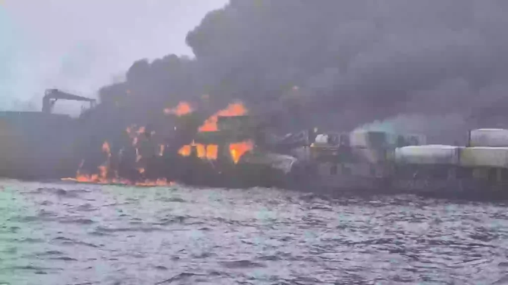 Oil tanker bursts into flames after colliding with cargo ship leaving at least 32 casualties